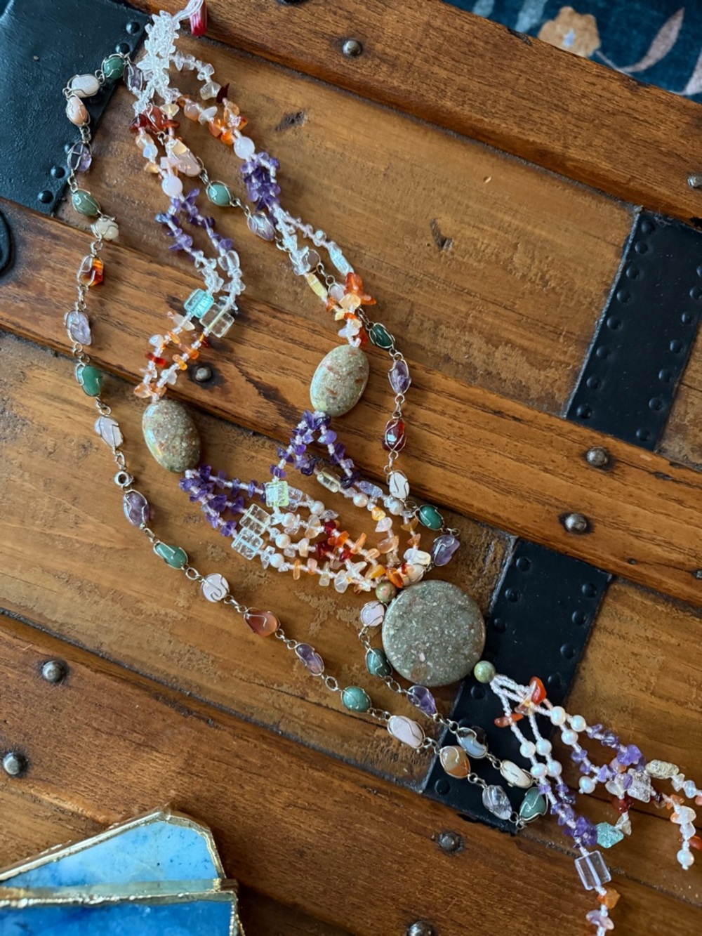 Set of 2 Multi-Stone Beaded Necklace in Green, Purple & Orange